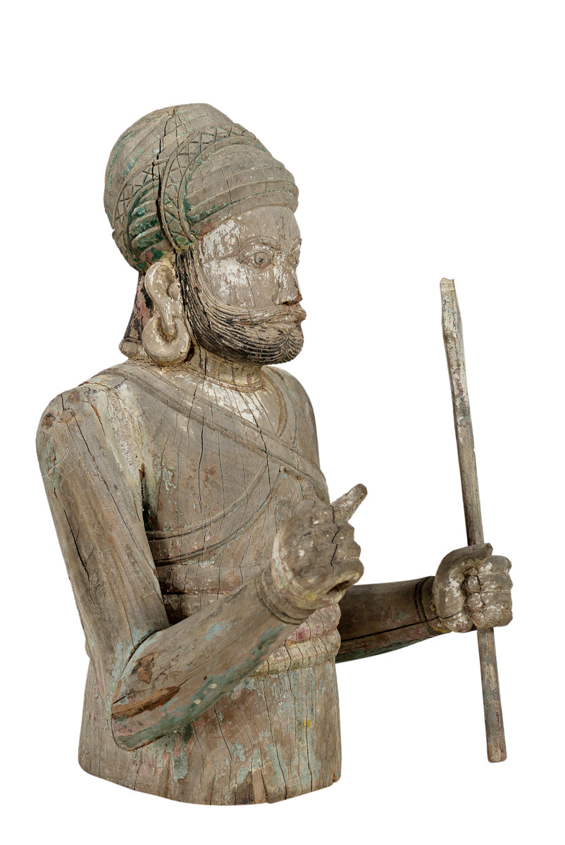 Indien Krieger Statue geschnitzte Halbfigur Skulptur holzfarbig Rajasthan 1940