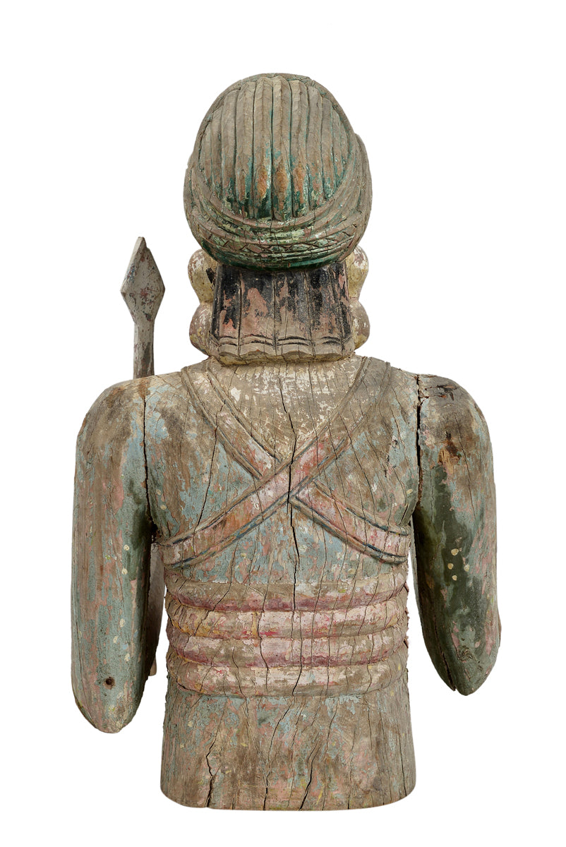 Indien Krieger Statue geschnitzte Halbfigur Skulptur holzfarbig Rajasthan 1940