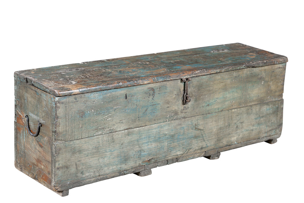 Indien 1920 schlanke alte Truhe Werkzeug Box aus grobem Holz blaue Farblasuren Rajasthan