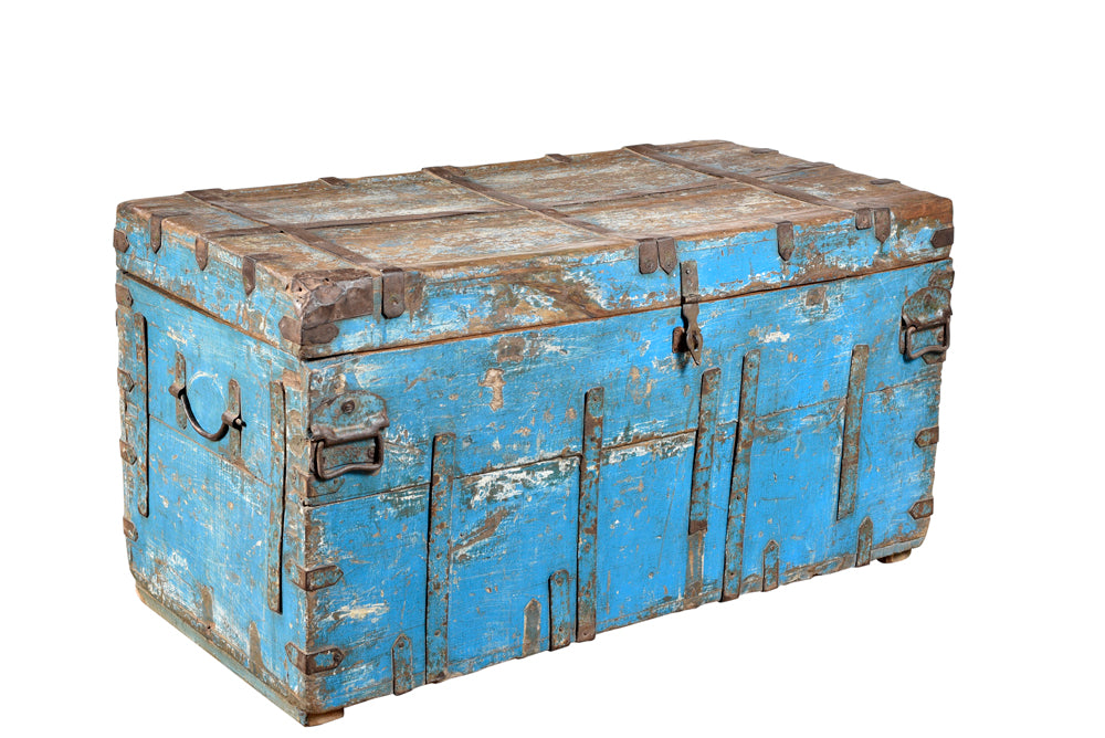 India alte Reise Truhe Box Kassette lichtblaue Bemalung heavy used optic Gujarat