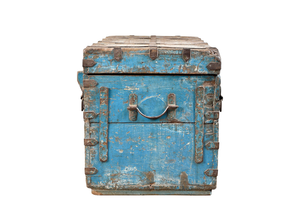 India alte Reise Truhe Box Kassette lichtblaue Bemalung heavy used optic Gujarat