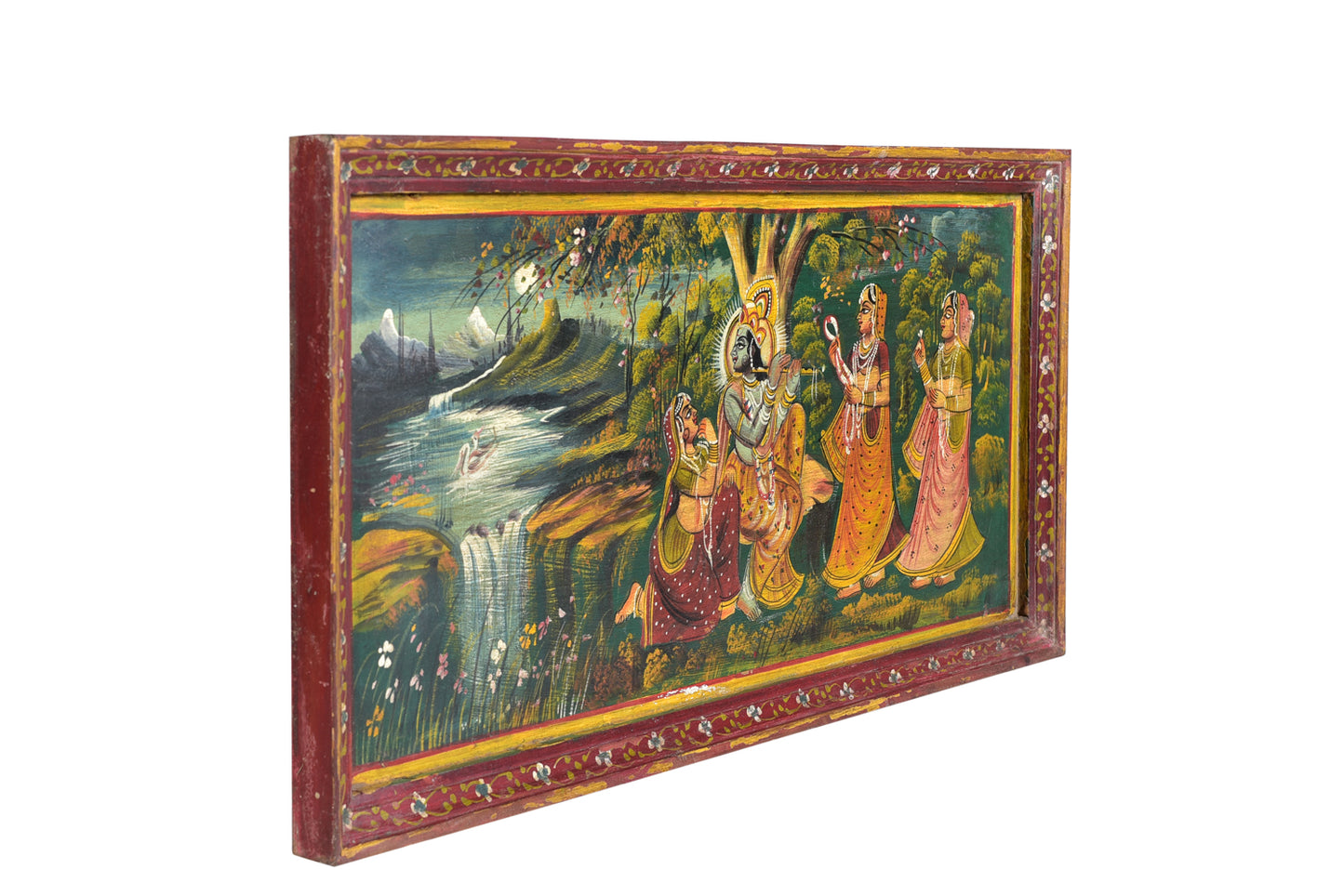 Indien 1965 Wandbild traditionelle Naturszene rotbrauner Holzrahmen Querformat