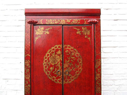 Asien antike hohe Kommode Schrank rotbraun mit goldener Verzierung