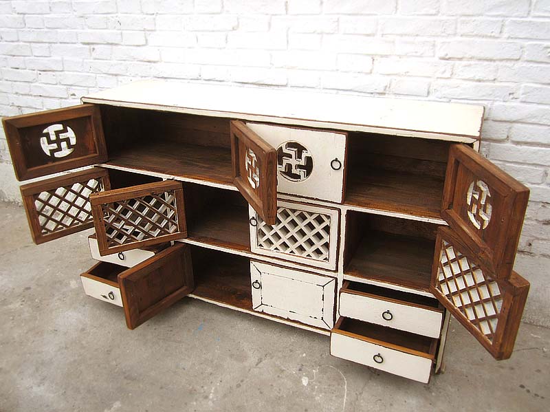 Asien Tibet Kommode Sideboard herrliche Dekore schneeweiß Pinie