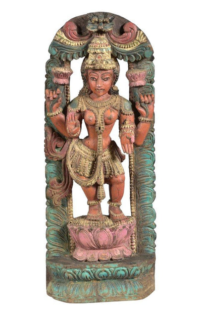 Handbemalte indische Statue aus Teakholz 