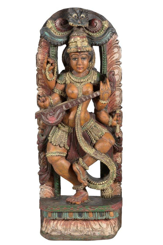 Bunt bemalte indische Statue aus Holz 