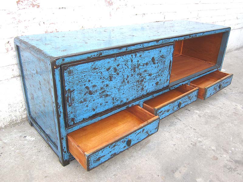 Asien Lowboard Kommode azurblau Shabby Chic Pinienholz
