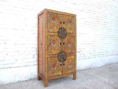 Halbhohe Asia Kommode antikgelber Korpus bunt bemalte Pinie