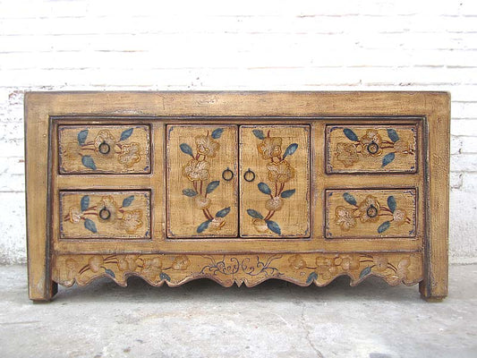 Asien kleines Sideboard Anrichte TV Kommode florale Bemalung Naturholz