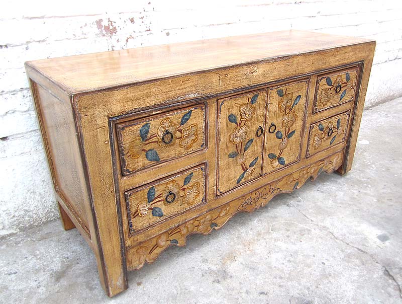 Asien kleines Sideboard Anrichte TV Kommode florale Bemalung Naturholz
