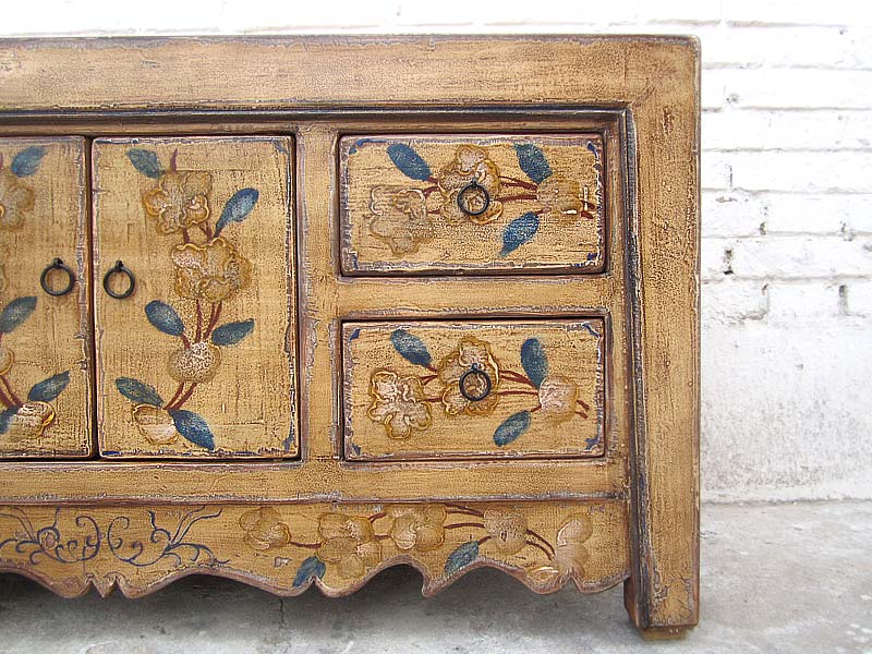 Asien kleines Sideboard Anrichte TV Kommode florale Bemalung Naturholz