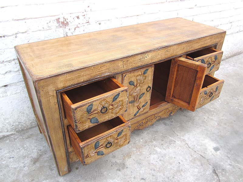 Asien kleines Sideboard Anrichte TV Kommode florale Bemalung Naturholz