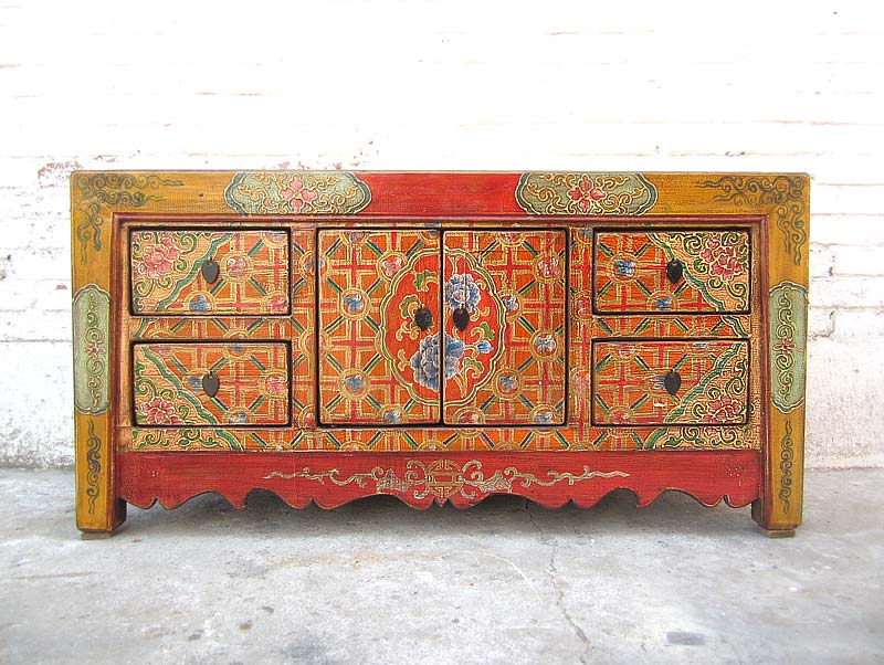 China bunt bemaltes Lowboard Kommode Folklore look Pinienholz