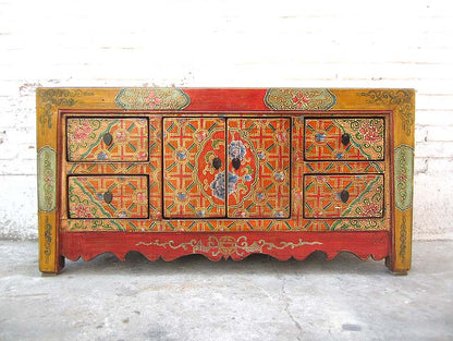 China bunt bemaltes Lowboard Kommode Folklore look Pinienholz