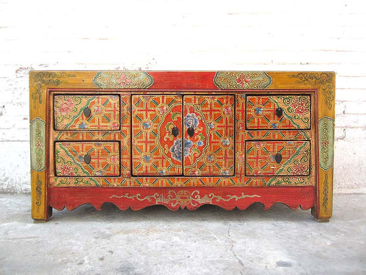 China bunt bemaltes Lowboard Kommode Folklore look Pinienholz