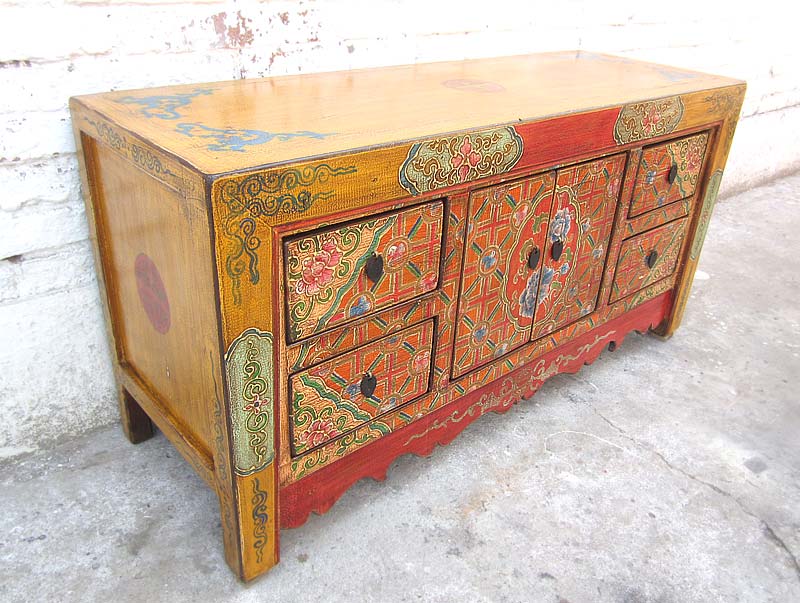China bunt bemaltes Lowboard Kommode Folklore look Pinienholz