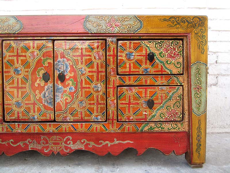China bunt bemaltes Lowboard Kommode Folklore look Pinienholz