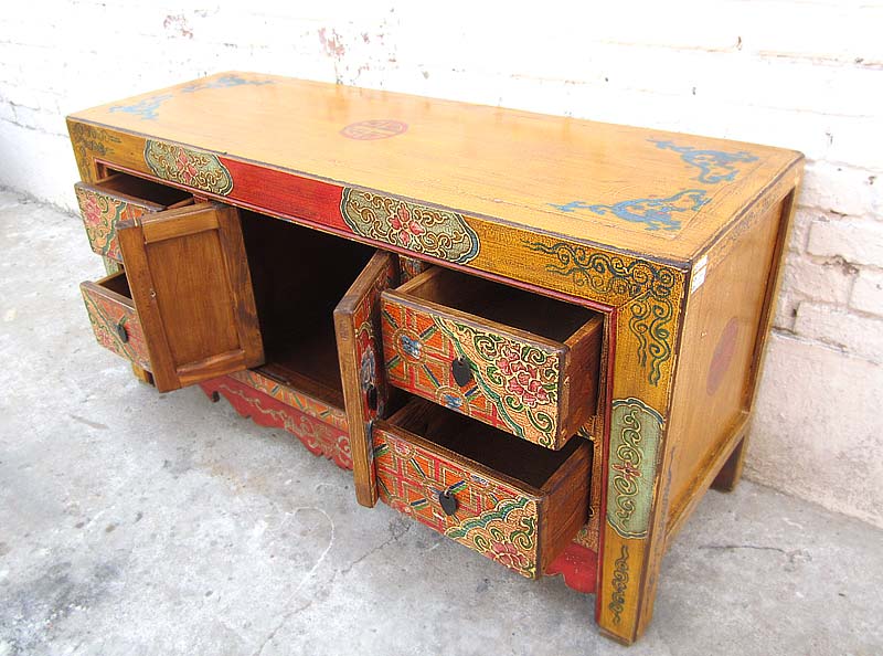 China bunt bemaltes Lowboard Kommode Folklore look Pinienholz