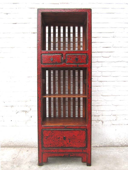 Asien schlanker Regalturm Kommode rotbraun Vintage Stil Pinienholz