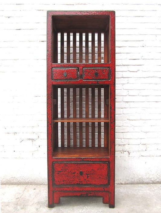 Asien schlanker Regalturm Kommode rotbraun Vintage Stil Pinienholz