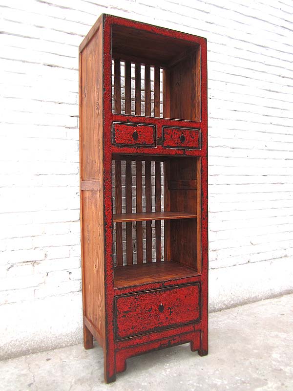 Asien schlanker Regalturm Kommode rotbraun Vintage Stil Pinienholz