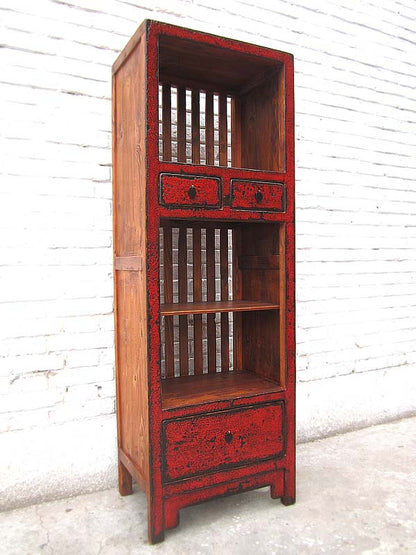 Asien schlanker Regalturm Kommode rotbraun Vintage Stil Pinienholz