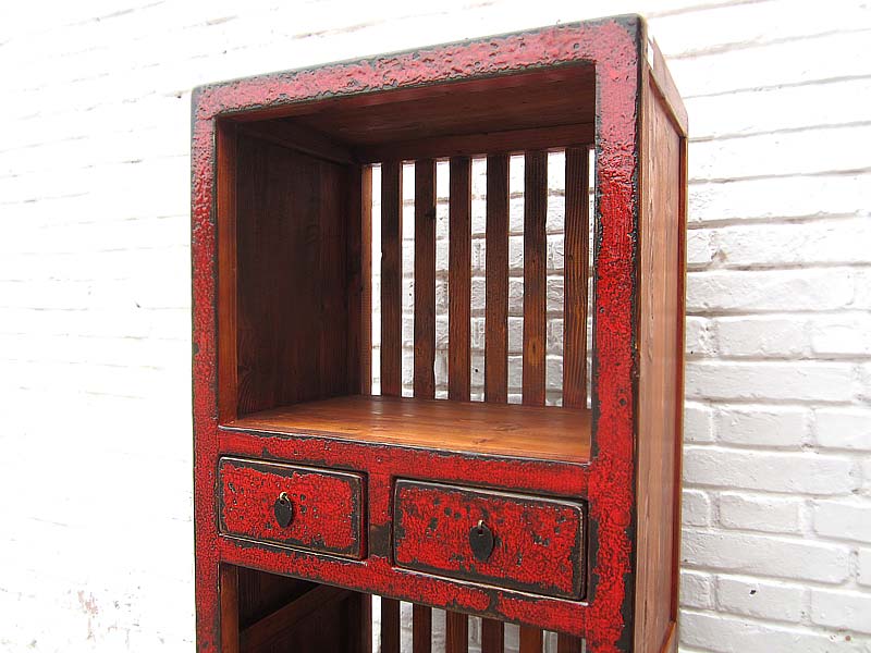 Asien schlanker Regalturm Kommode rotbraun Vintage Stil Pinienholz