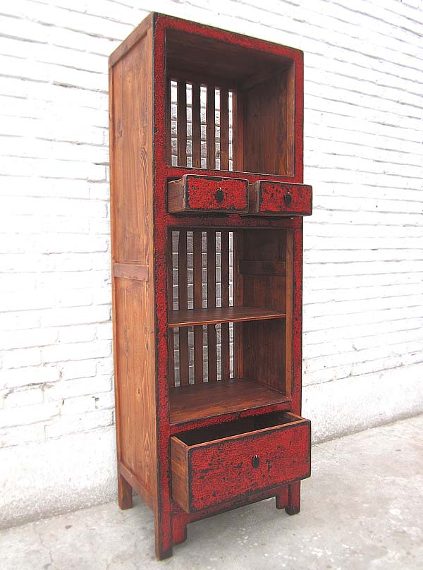 Asien schlanker Regalturm Kommode rotbraun Vintage Stil Pinienholz