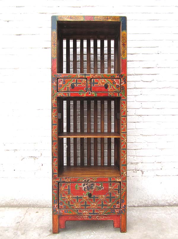Asien schlanker Regalturm Kommode buntbraun Folklore Stil Pinienholz