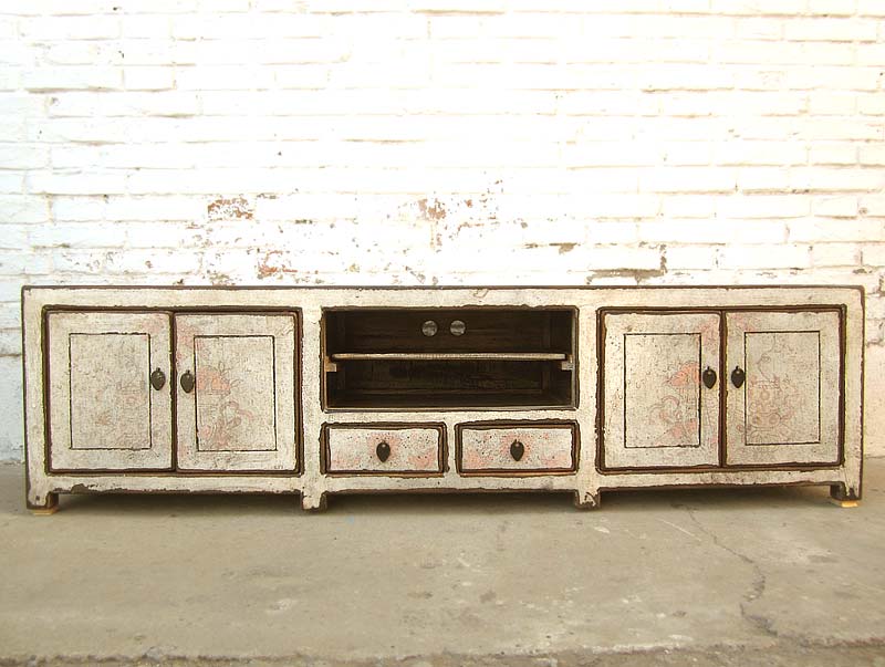 Asien Fernseh Kommode Lowboard für Flachbildschirm antikweiß vintage style Massivholz