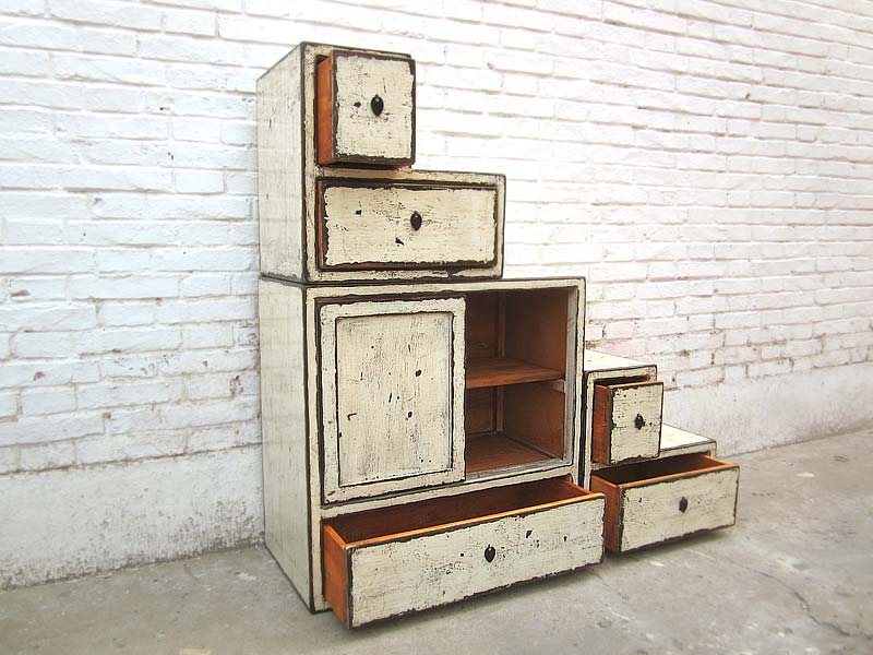 Asia Treppen Kommode Shabby chic Lack altweiß beidseitig nutzbar