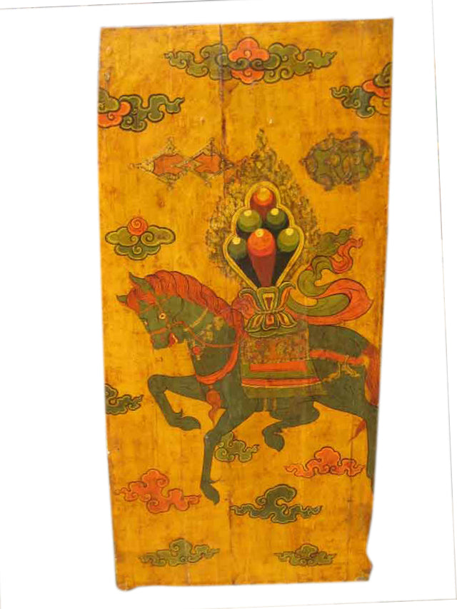 Tibet um 1910 bemalte Tür Wandbild Reitermotiv. Von Luxury-Park