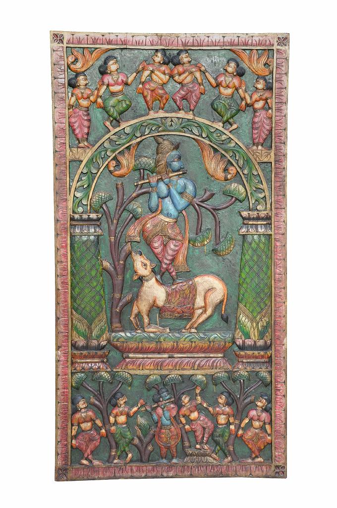 Luxury-Park Geschnitztes Holzwand-Panel aus Indien – Krishna spielt Bansuri