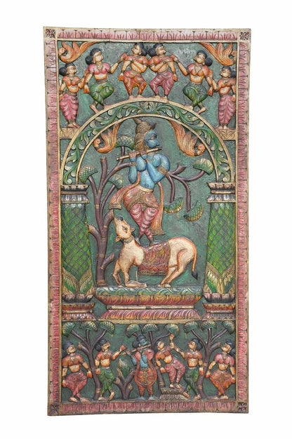 Luxury-Park Geschnitztes Holzwand-Panel aus Indien – Krishna spielt Bansuri