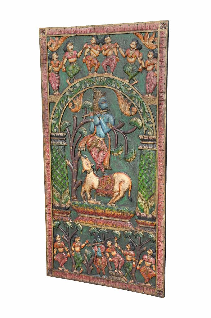 Luxury-Park Geschnitztes Holzwand-Panel aus Indien – Krishna spielt Bansuri