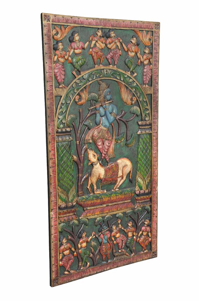 Luxury-Park Geschnitztes Holzwand-Panel aus Indien – Krishna spielt Bansuri