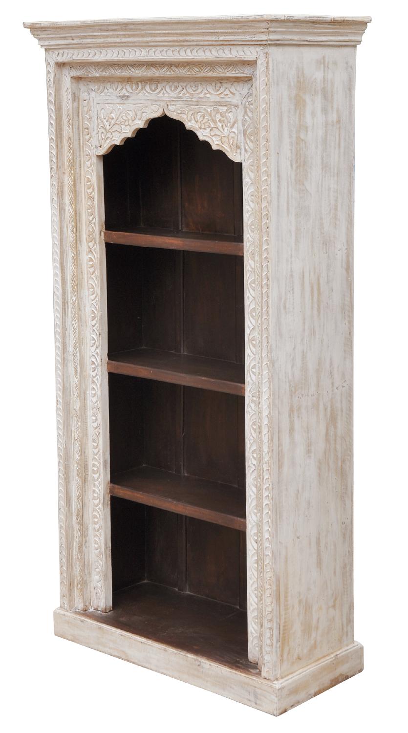 Indien hohes Regal weiß gebeizt breiter Schnitzrahmen Vollholzmöbel