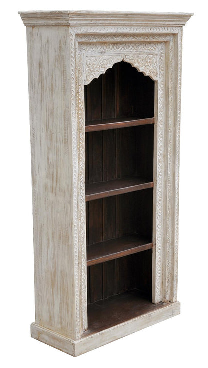 Indien hohes Regal weiß gebeizt breiter Schnitzrahmen Vollholzmöbel