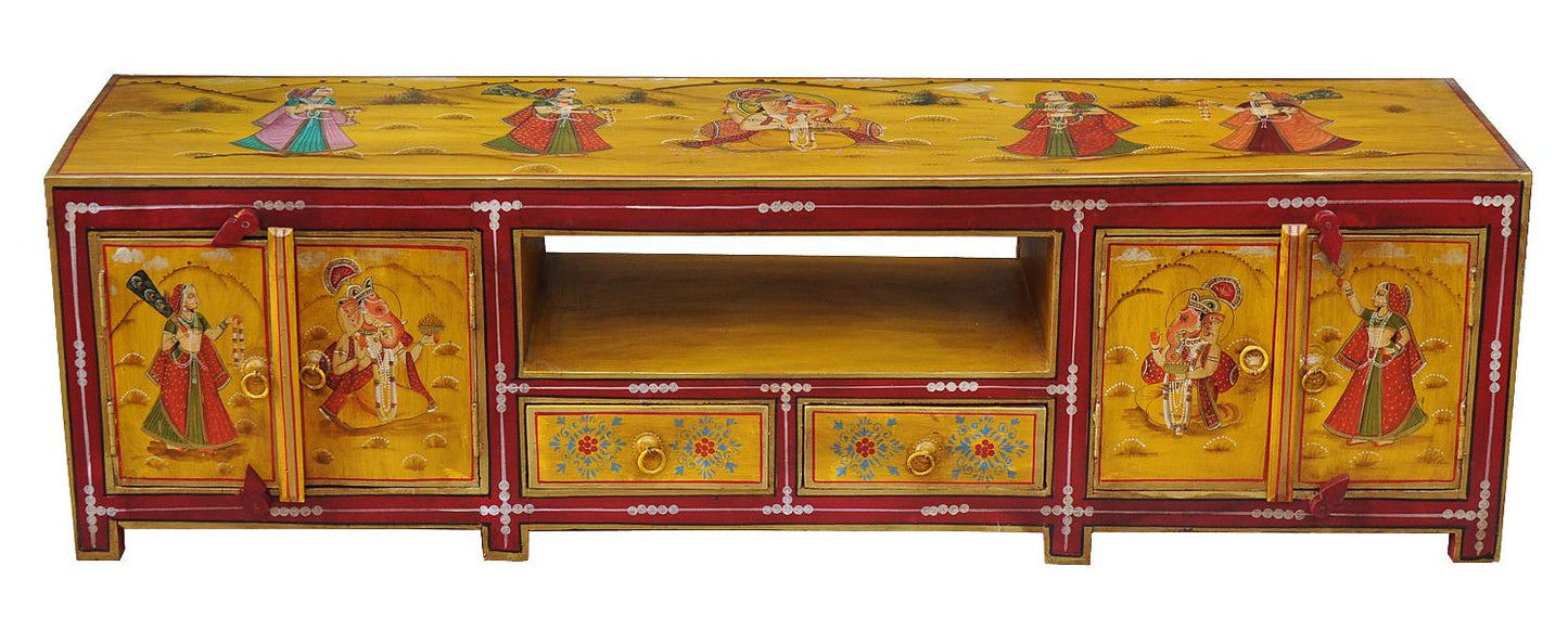 breite Kommode Lowboard ideal für Fernsehbildschirm rot-gelbe Bemalung von Luxury Park