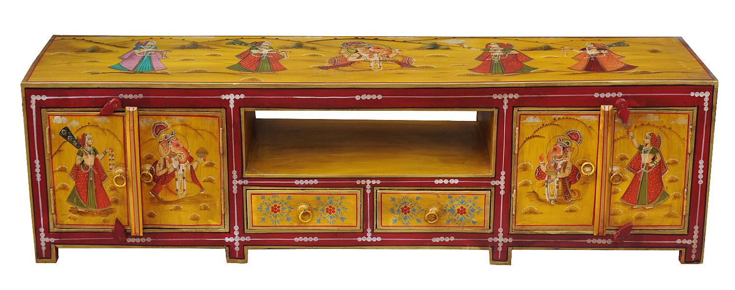 breite Kommode Lowboard ideal für Fernsehbildschirm rot-gelbe Bemalung von Luxury Park