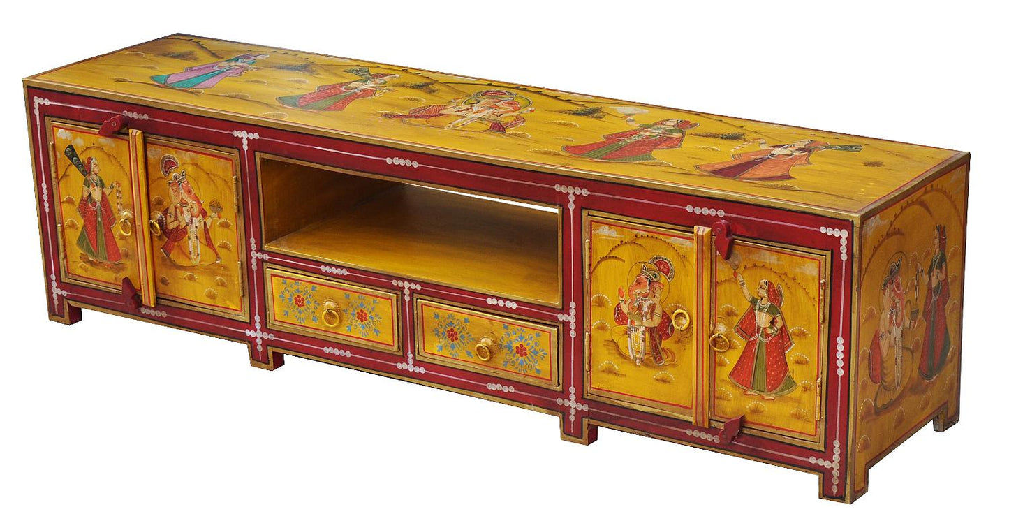 breite Kommode Lowboard ideal für Fernsehbildschirm rot-gelbe Bemalung von Luxury Park