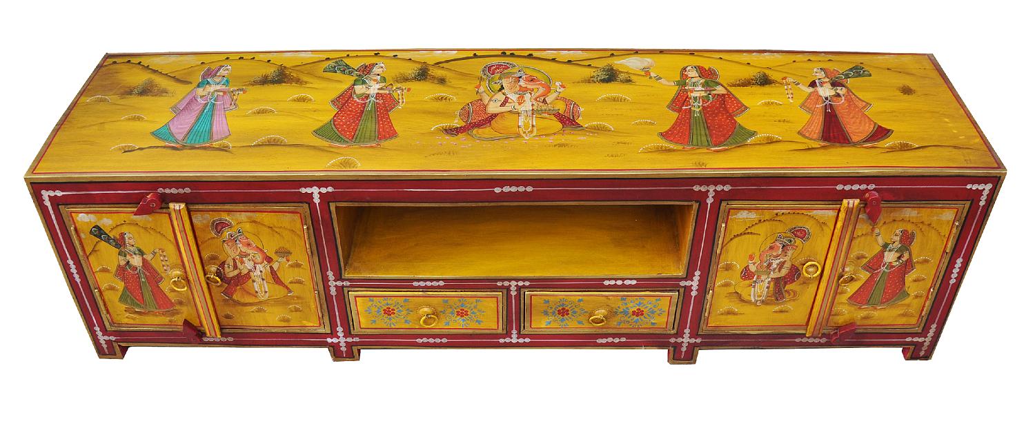 breite Kommode Lowboard ideal für Fernsehbildschirm rot-gelbe Bemalung von Luxury Park