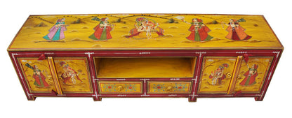 breite Kommode Lowboard ideal für Fernsehbildschirm rot-gelbe Bemalung von Luxury Park