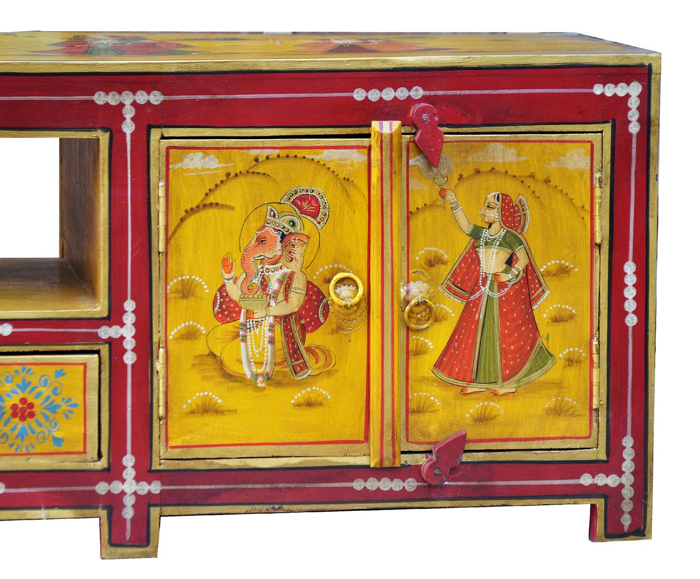 breite Kommode Lowboard ideal für Fernsehbildschirm rot-gelbe Bemalung von Luxury Park