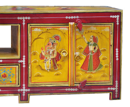 breite Kommode Lowboard ideal für Fernsehbildschirm rot-gelbe Bemalung von Luxury Park