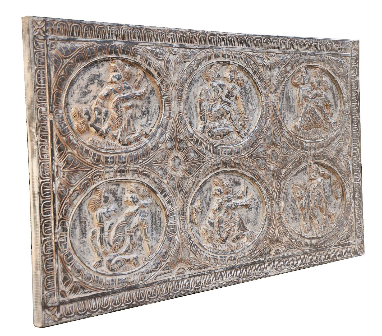 Indien großes altes Kopfteil Bett Wandbild Palastszenen 