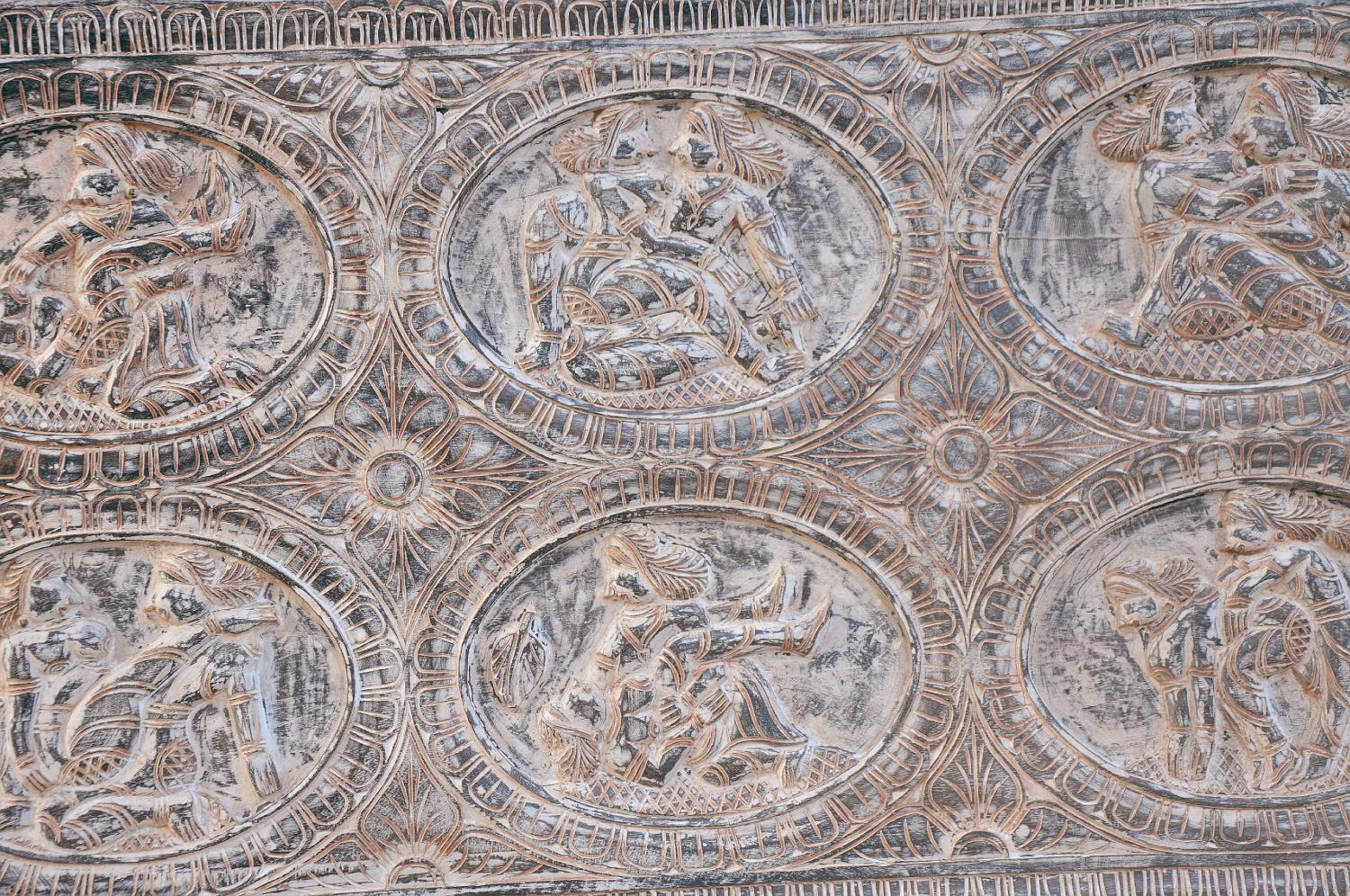 Indien großes altes Kopfteil Bett Wandbild Palastszenen 