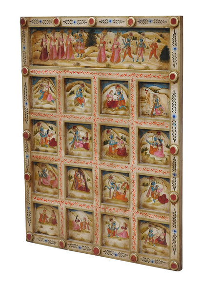 India geschnitztes Wandbild Kassetten Panel in zarten Farben Gottheiten