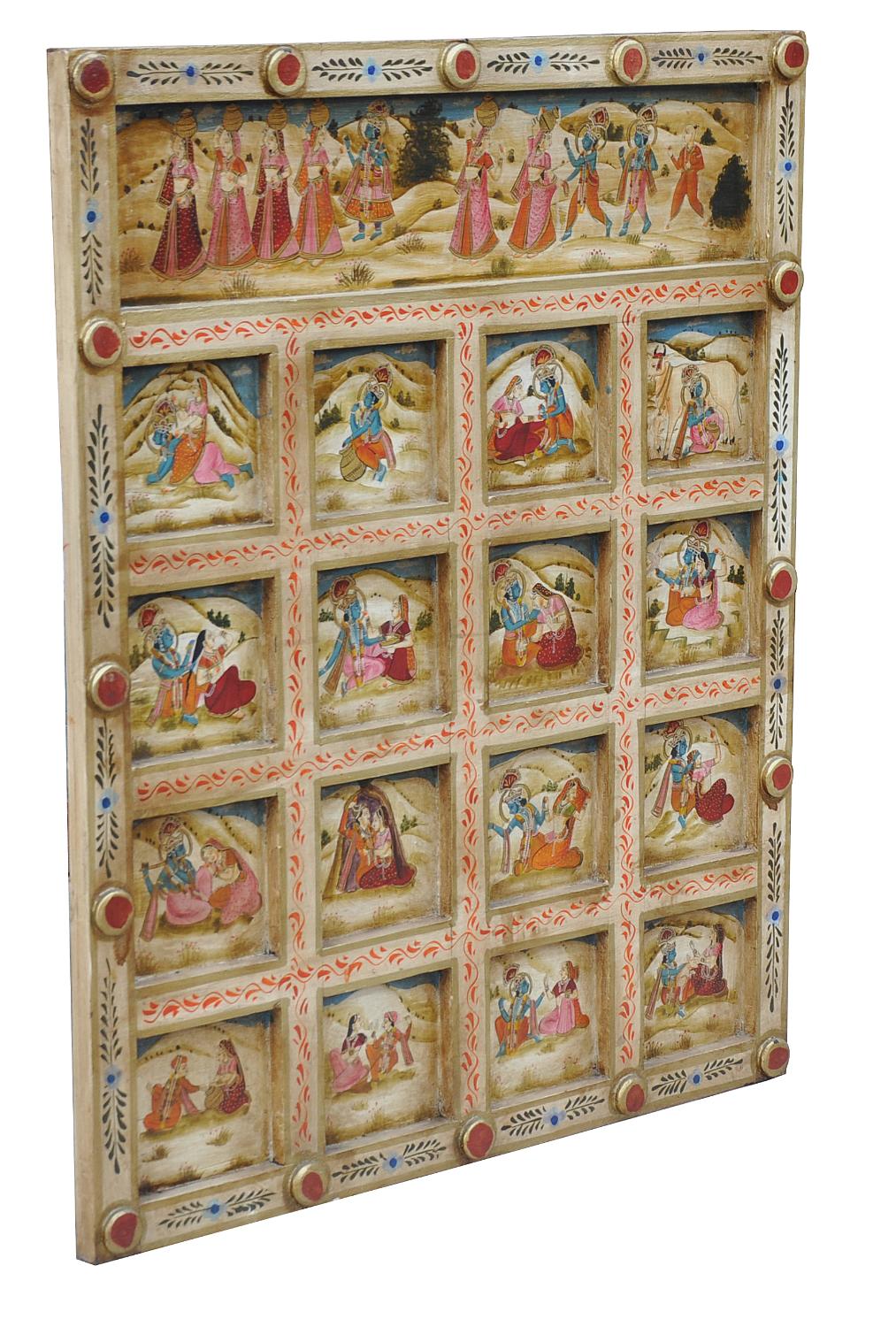 India geschnitztes Wandbild Kassetten Panel in zarten Farben Gottheiten