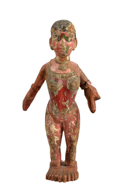 Indien Frauenfigur Skulptur bunt bemaltes Holz Folklore Rajasthan 1920